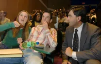 In 2006, Mazur introduced wireless polling in his introductory physics course, during which these photographs were taken. Here Chelsey Forbess ’07 and Jonathan Paul ’07 discuss results with Mazur...