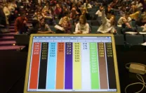 ...and a laptop at the front of the classroom tallies students’ responses.
