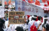 Student hunger strikers in the square, May 22, continuing a protest that diverted attention during Mikhail Gorbachev&rsquo;s state visit
