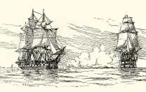 HMS <em>Leopard</em> firing on the USS <em>Chesapeake</em> on June 22, 1807, to enforce a demand that the American ship submit to a search for British Navy deserters