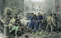 Massachusetts militia passing through Baltimore—and rioting Confederate sympathizers—in April 1861