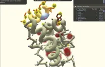 Red spheres mark chemically unstable regions that require player attention. A chat interface allows groups of players to collaborate.