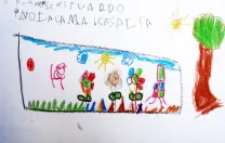 A close-up of a child's drawing depicting a scene from a book the child had read with a parent or teacher. These drawings, displayed outside a classroom at a UBC school, show the type of engagement with books the program tries to cultivate in students.
