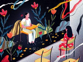 A conceptual illustration of a student seated in a classroom facing an imagined image of herself in a different environment with flowers and rocks