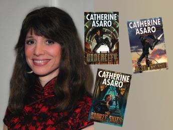 A smiling woman with brown hair next to three book covers