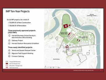 Map showing locations and description of Harvard’s ten-year construction plans on its Allston campus.