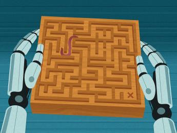 illustration of robotic hands manipulating a wooden maze to guide a worm in the maze to a target