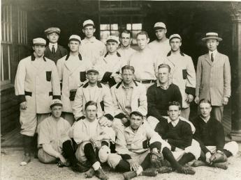 Harvard’s 1912 baseball team. Wingate (front at left, holding cap) was Fenway’s first batter.
