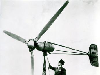 American inventor Marcellus Jacobs atop one of his wind turbines in the 1940s