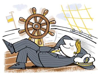 A businessman reclines on the deck of a ship with no one at the helm