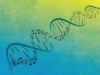 An evocative illustration that incorporates musical notation into the familiar double helix of DNA