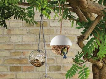 Two hanging bird feeders plus a hanging nesting basket dangle from a tree branch.