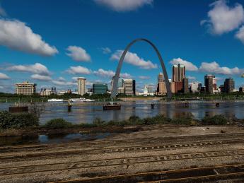 The St. Louis, Missouri, skyline on the Mississippi River with the Gateway Arch visible, as seen from across the Mississippi River in East St. Louis, Illinois 