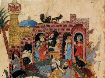An illuminated manuscript page from thirteenth-century Iraq showing two men on a camel arriving in a village, depicted as two-story white buildings with people looking out the windows