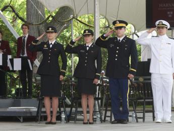 The class of 2015’s ROTC contingent (from left): Second lieutenants Sophia Chua-Rubenfeld, Molly McFadden, and William Scopa, and Ensign Sebastian Saldivar