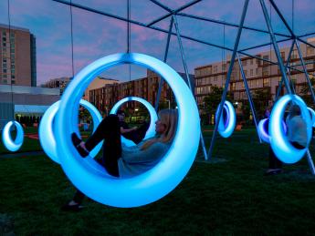 “Swing Time” is an interactive installation on Lawn on D, a park in South Boston.