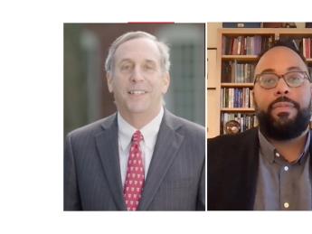 Photographs of Harvard president Lawrence S. Bacow and Harvard alumnus and guest speaker Kevin Young