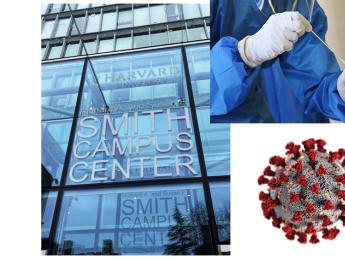 Montage of Smith Campus Center, a laboratory worker performing a swab test, and a COVID-19 graphic 