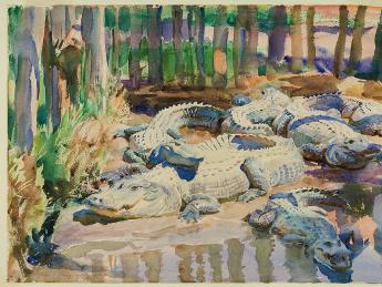 Watercolor painting of alligators in a swamp