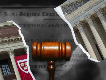 Photo montage showing Harvard’s Widener Library and the edifice of the Supreme Court divided by a gavel.