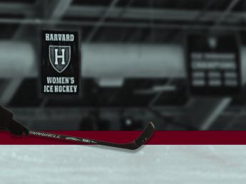 Montage of hockey player in ice rink, with Harvard's women's hockey insignia over it