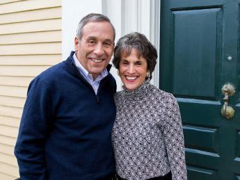 President Larry Bacow and Adele Fleet Bacow, photographed at Elmwood, April 2023