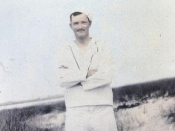 Henry Beston (in a Coast Guard uniform) on the Outer Beach, Cape Cod, in the early 1920s
