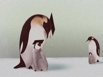 Illustration about meritocracy: one mother penguin and chick wear college mortarboards, while another mother penguin and her chick don’t.