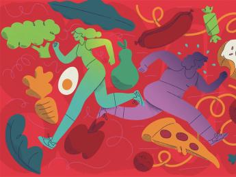 Illustration of two runners, one surrounded by components of a healthy diet, the other surrounded by high-sugar foods.