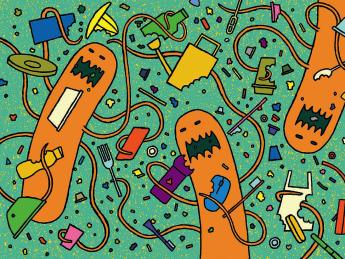 Fanciful illustration of plastic-eating microbes