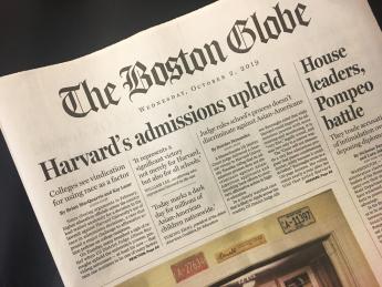 The Boston Globe's front page on October 2, 2019, with the headline "Harvard's admissions upheld"