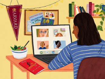 Drawing of a college student seated at her desk in her bedroom at home, looking at images of friends on her computer screen. On the desk are a book and a bowl of salad, reflecting recommendations made by friends previously.