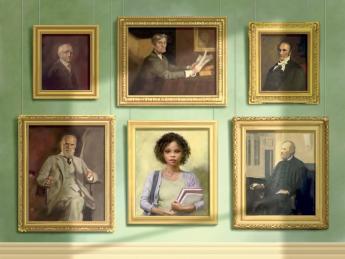 A wall of formal portraits, five representing white male Harvard faculty and administrators, one representing a black undergraduate woman