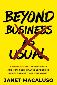 Book cover with a bright yellow background, title "Beyond Business as Usual," and author's name.