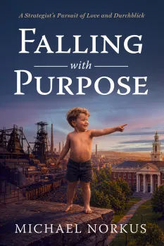 A young boy stands with outstretched arms, overlooking a cityscape at dusk, with the title "Falling with Purpose" above.