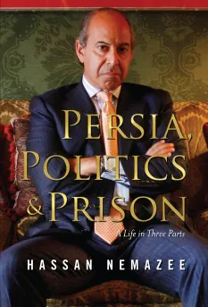 A man in a suit sits confidently, with a patterned background and book title above him.