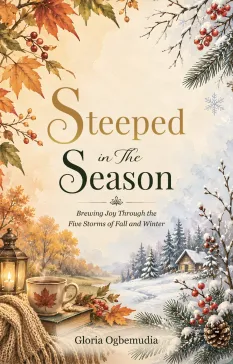 Book cover featuring autumn and winter scenes, a cabin, and decorative foliage.