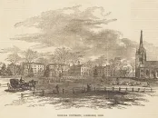 Engraving of the Harvard campus in the 1800s