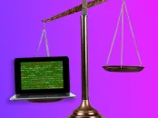 Laptop with green code on screen outweighing an empty brass scale pan on a balance scale against pink-purple background.