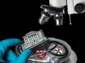 Microscope examining Harvard Medical School building held by gloved hand, with stethoscope and Harvard shields.