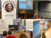 Four images: A poster announcing Arthur Kleinman's retirement; a photograph of him speaking at a podium in a packed auditorium; a bobblehead of Harry Lewis, wearing glasses and a long brown coat; and Harry Lewis at a classroom podium, smiling 