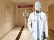 AI robot wearing a white doctor's coat in the hallway of a hospital emergency room