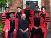 Back row from left: Rita Moreno, Elaine H. Kim, Abraham Verghese, Richard Alley, and Esther Duflo Front row from left: Provost John F. Manning, President Alan M. Garber, and Kareem Abdul-Jabbar