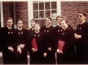Harvard graduates gather outside in 1965