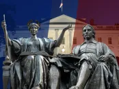 rendered portraits of the Alma Mater and John Harvard statues against the White House in the background