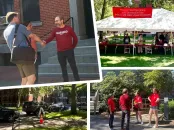 A collage showing Harvard president Alan M. Garber greeting new students on campus, shaking hands, gathered students and families in the Yard, and orientation setup