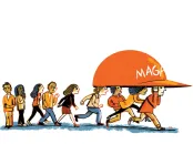 Illustration of college students running under a large red "MAGA" hat while others look on with some skeptisim.