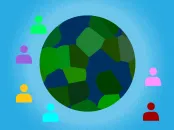 Stylized Earth surrounded by six colorful human icons on a blue background
