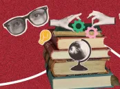 Stack of books with glasses, hands, gears, a globe, and a lightbulb on a red background.