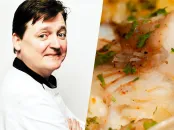 A chef smiling, dressed in a white coat, next to a close-up of a dish garnished with herbs.